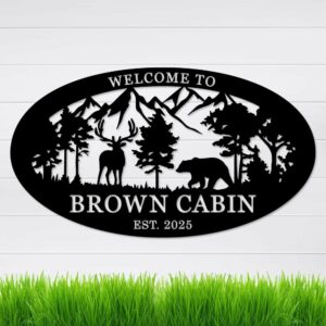Personalized Deer and Bear Cabin Sign, Custom Family Name Wall Sign for Cabin, Large Outdoor Hunting Sign, Monogram Wall Decor