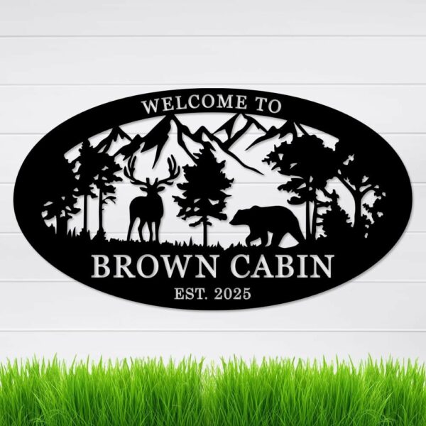 Personalized Deer and Bear Cabin Sign, Custom Family Name Wall Sign for Cabin, Large Outdoor Hunting Sign, Monogram Wall Decor