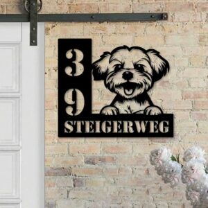 Personalized Maltese Dog Address Sign, Custom Metal House Number with Maltese Design