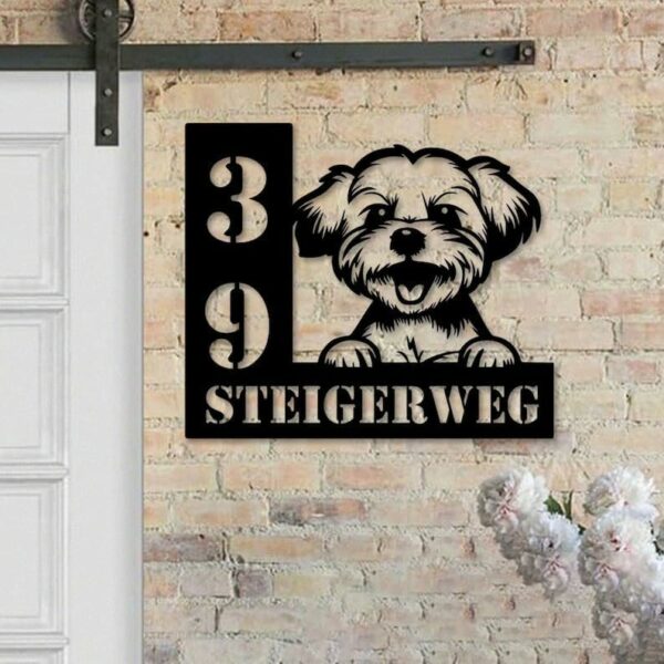 Personalized Maltese Dog Address Sign, Custom Metal House Number with Maltese Design